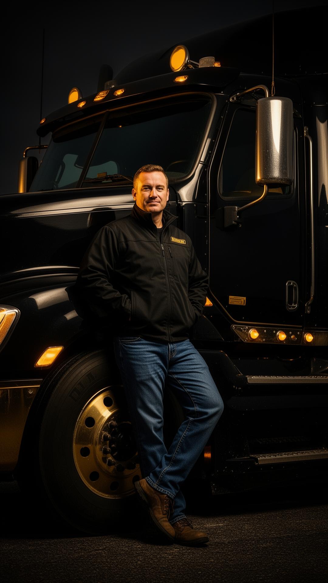 Professional CDL driver beside a black semi truck