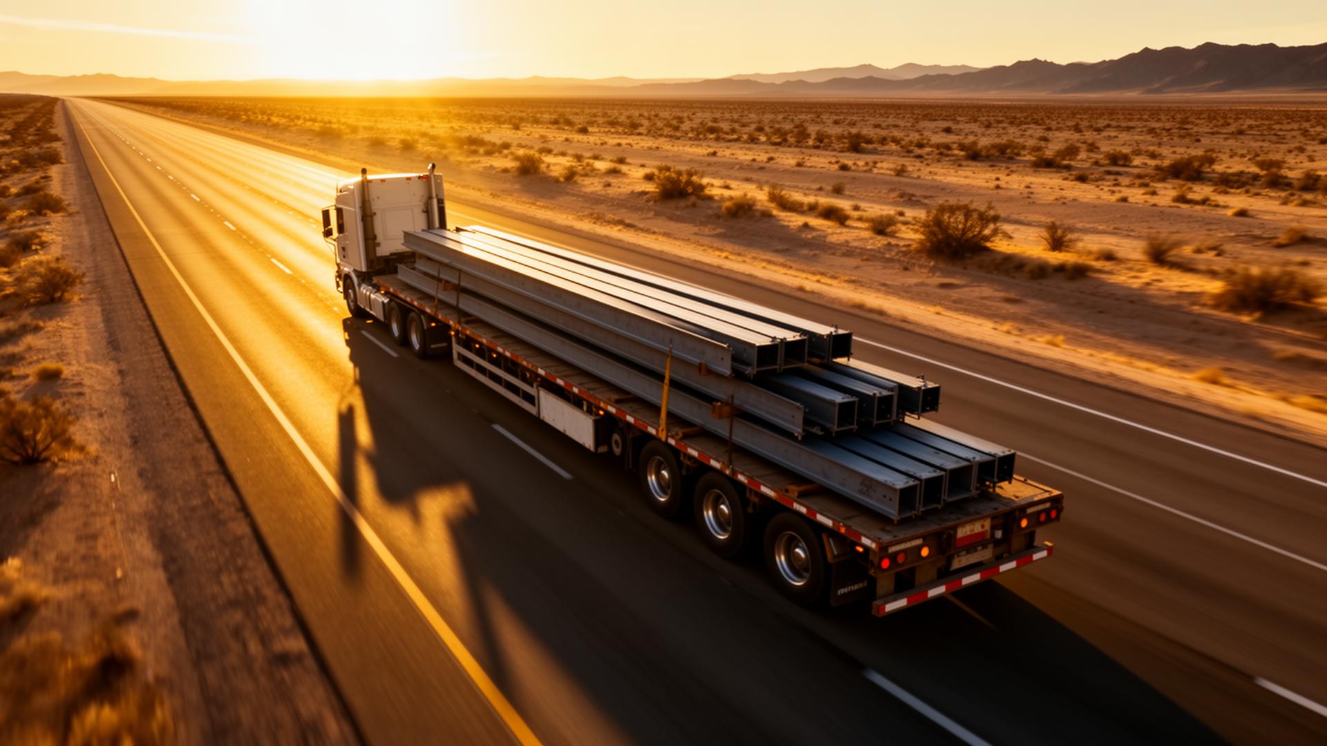 Flatbed truck carrying steel beams at golden hour